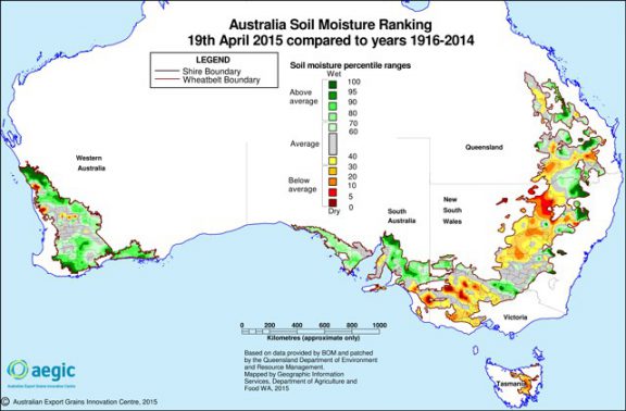 Map of Australian available soil moisture april 2015 vs 1916-2014